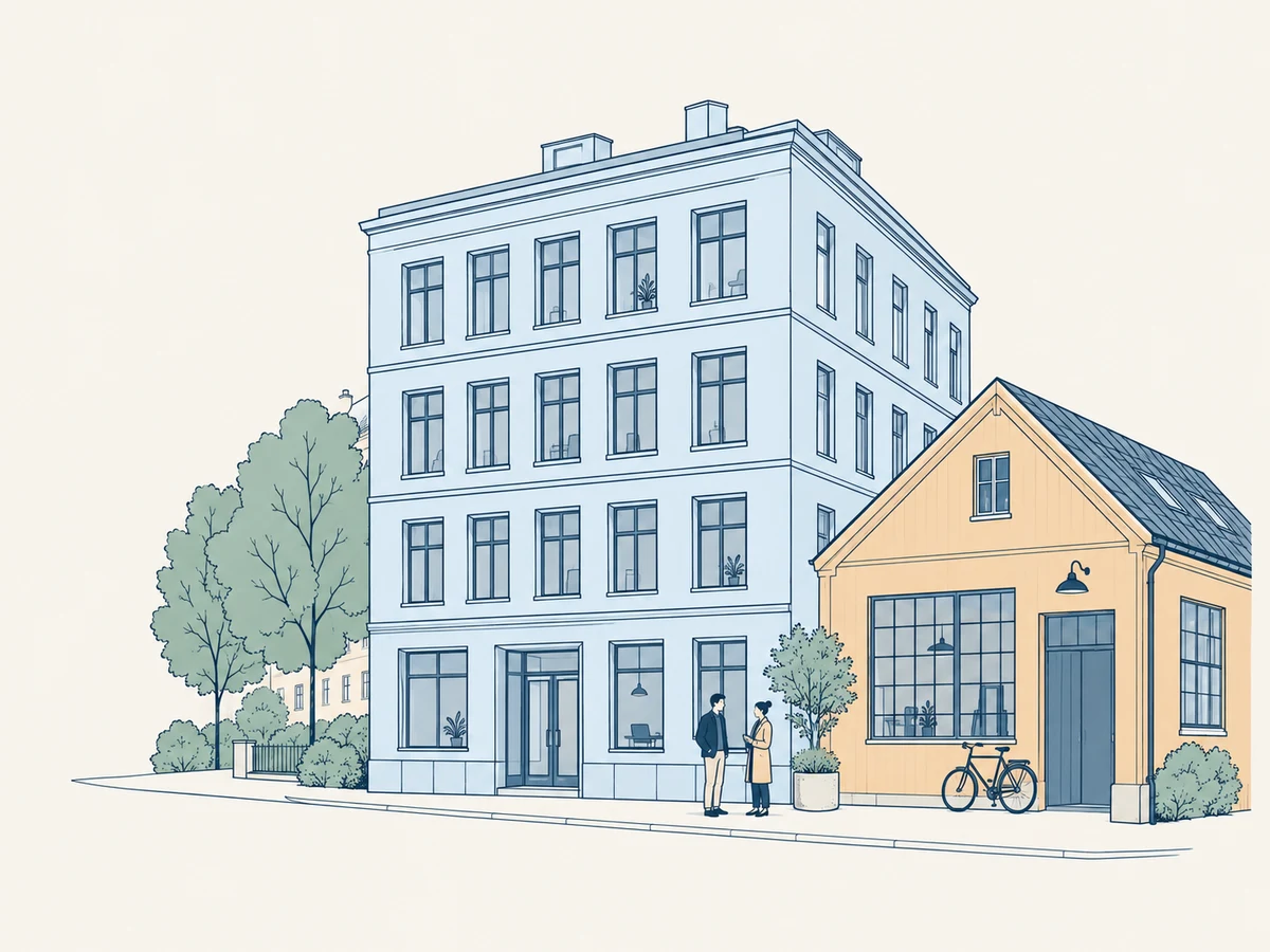 Illustrasjon av norske næringsbygg, en liten virksomhet og mennesker som møtes.